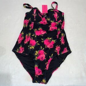Betsey Johnson pink black power print Rose One Piece Swimsuit size medium new